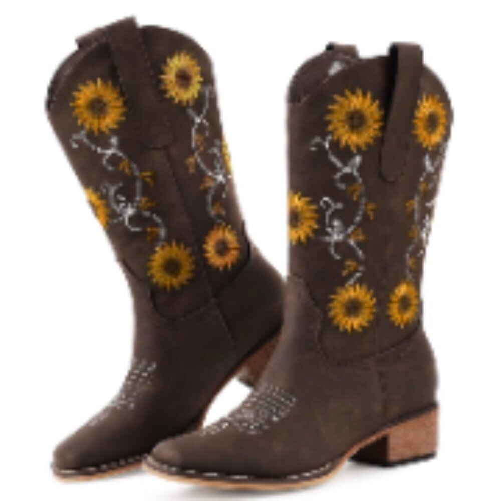 Faux Leather Cowboy Boots with Sunflower Embroidery, Square Toe, Chunky Heel - Picture 6 of 7